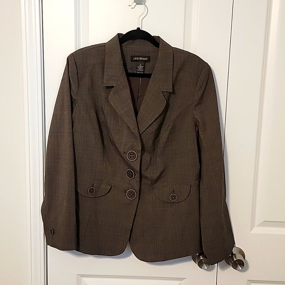 Lane Bryant blazer, 18W, brown plaid with teal blue accent lines
